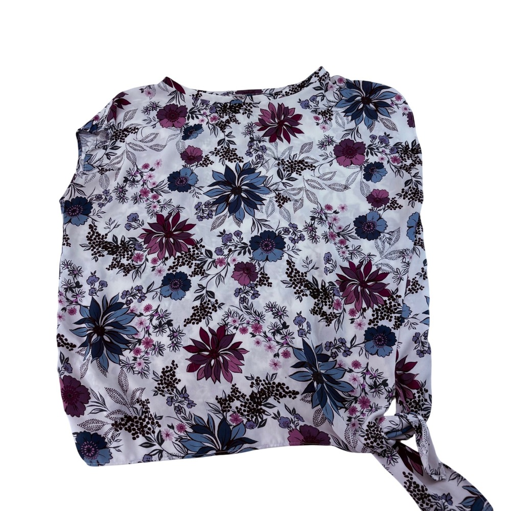 Floral Cap Sleeve Side Tie Knot Blouse White Purple Blue Round Neck Top 5545